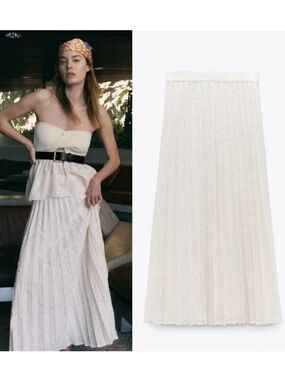 Zara Embroidered Eyelet Pleated Maxi Skirt Ecru Boho Cottagecore XS